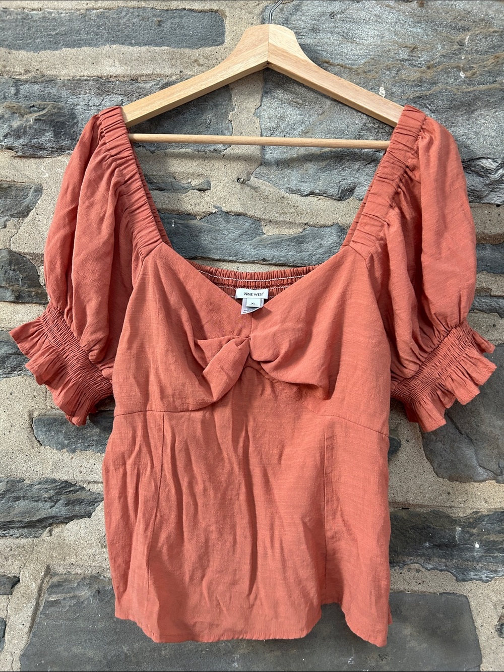 Nine West Rust Tie-Front Puff Sleeve Blouse